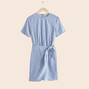 & Other Stories Blue & White Ditsy Leaf Print Knot Detail Mini Dress Size 4